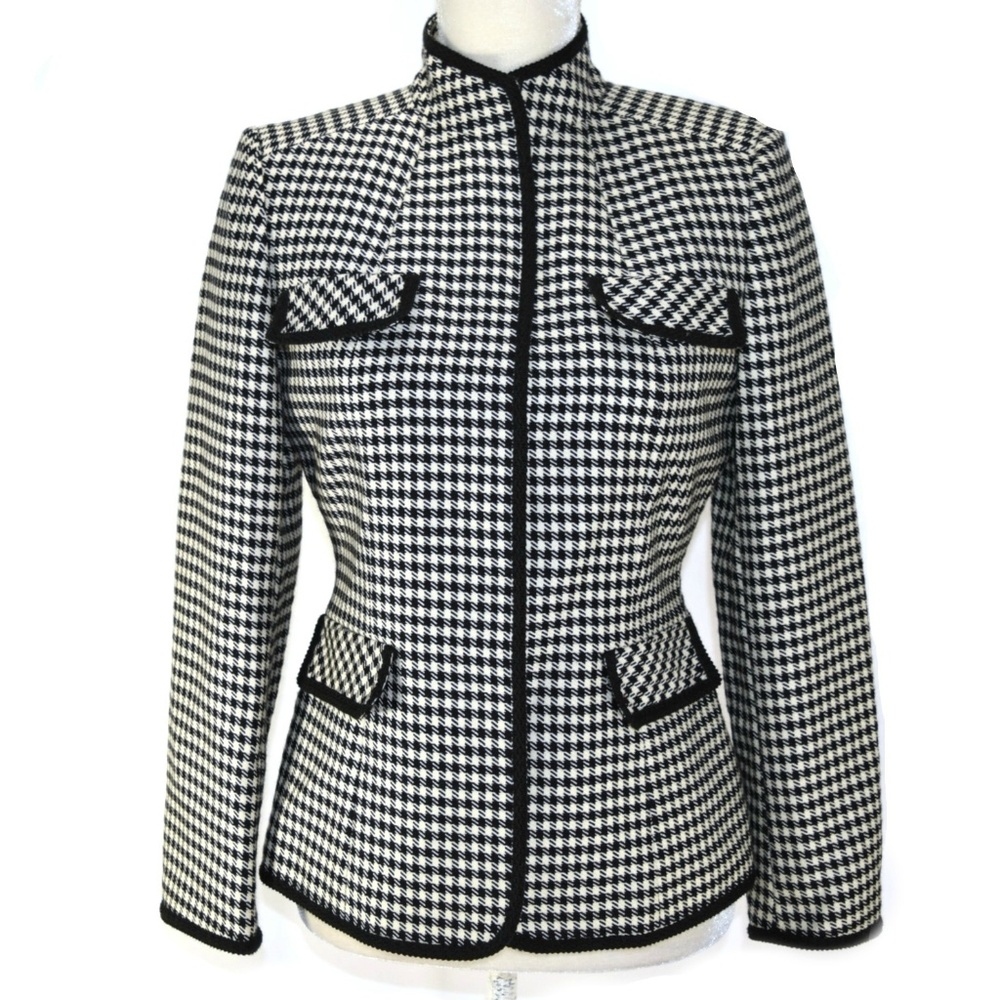 TAHARI Houndstooth Blazer Black White Wool Career